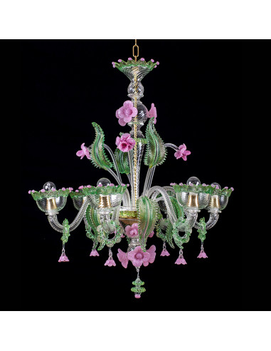 Giotto- lampadario in vetro di murano fiori in pasta di vetro rosa e oro verde 24k lusso veneziano classico