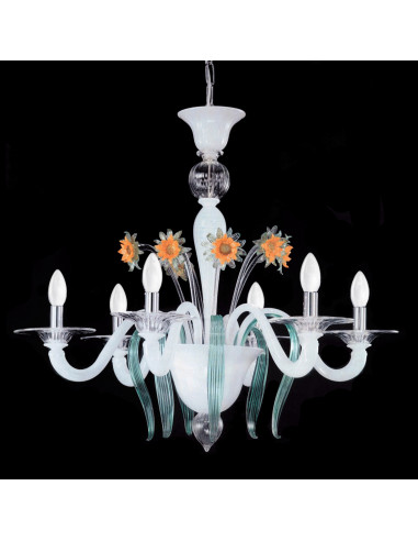 lampadario in vetro di murano bianco con fiori arancioni e petali cristallo