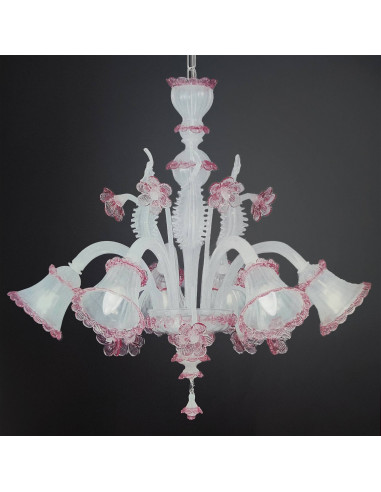 Lampadario di murano in bianco seta e rosa