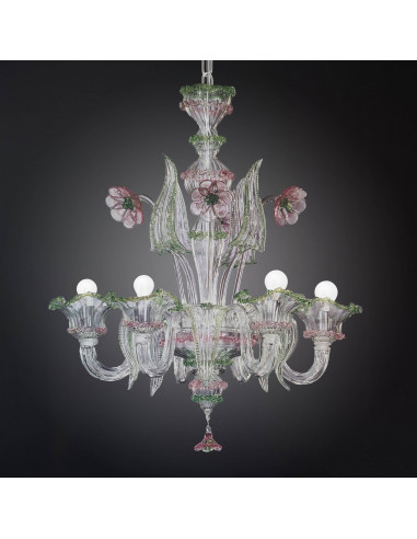 Murano glass chandelier in crystal, green and pink