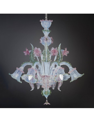 Lustre en cristal de Murano opale verte et rose