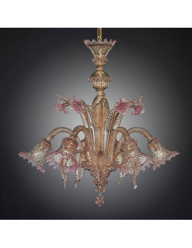 Chandelier in smoked amber and pink Murano crystal