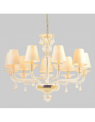 Oxford Murano glass chandelier with white lampshades and gold crystal drops