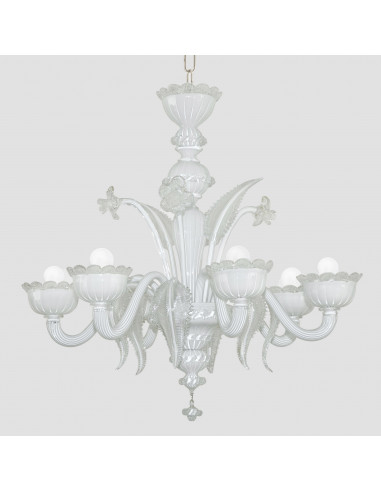 LuxuryGlass - lampadario classico in cristallo di murano bianco e trasparente con foglie e fiori