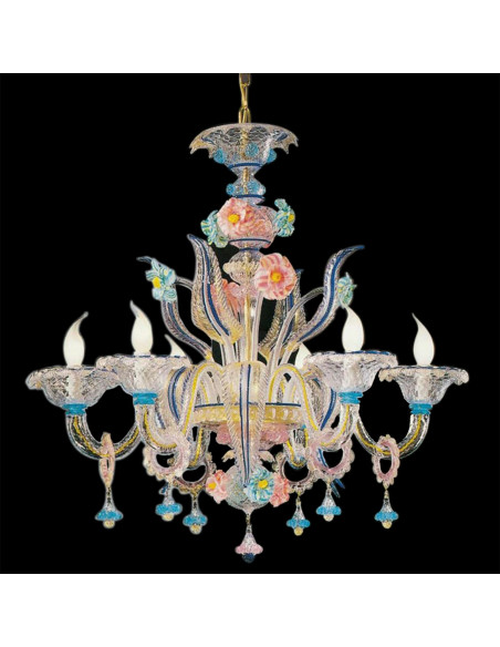 Floreale - lampadario in vetro di murano fiori in pasta di vetro e oro 24k colori rosa e azzurro pastello lusso veneziano
