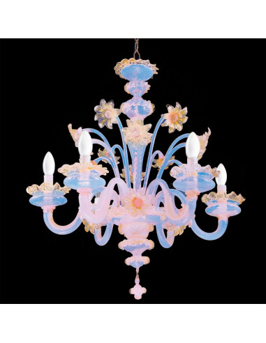 Murano glass chandelier was made are opal, gold and pink