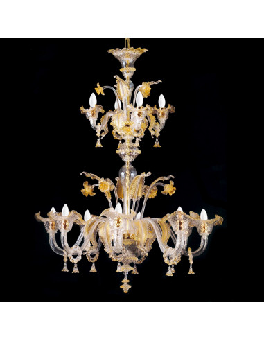 Jardin Enchantè - Murano glass chandelier on two levels with amber crystal flowers, classic venice model