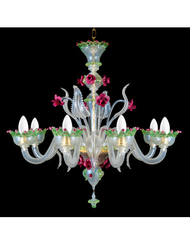 Lampadario di murano in cristallo opalino verde e rosa