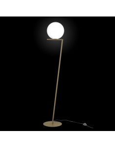 Piantana con struttura in metallo oro e sfera in cristallo di murano. Lampada da pavimento di design