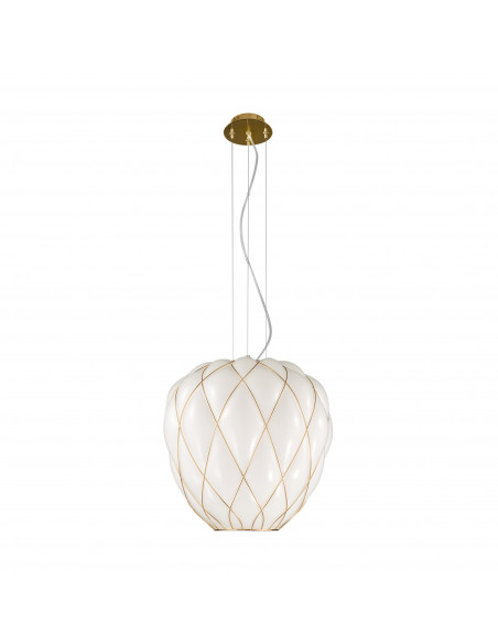 Cavea luce sospensione in vetro murano bianco e struttura a gabbia oro Cavea luce sospensione in vetro murano bianco e struttura a gabbia oro