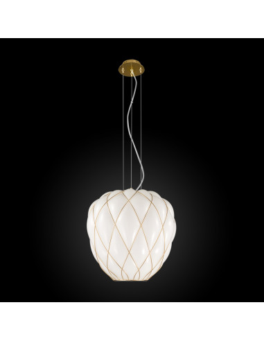 Cavea light suspension in white murano glass and gold cage structure