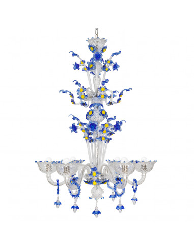 Lampadario in cristallo di murano con decori floreali blu e giallo
