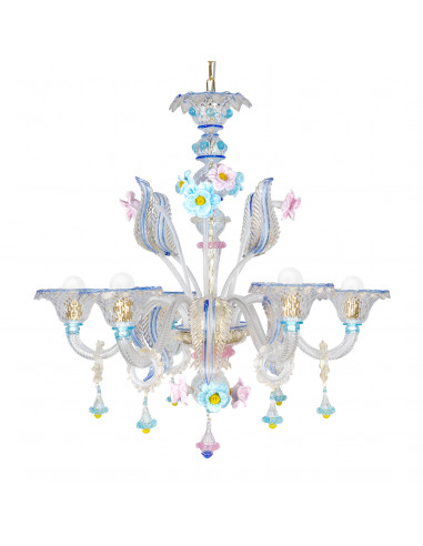 Floreale - lampadario in vetro di murano fiori in pasta di vetro e oro 24k colori rosa e azzurro pastello lusso veneziano