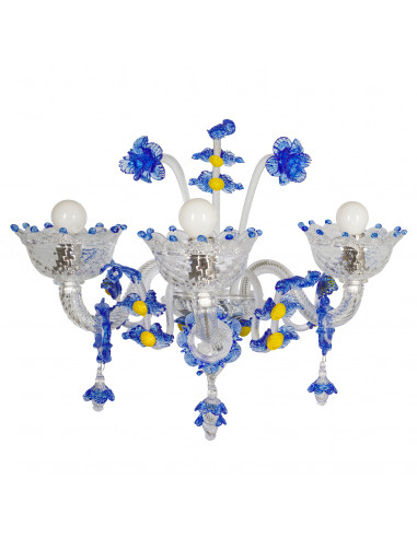 Applique in cristallo di murano con decori floreali blu e giallo