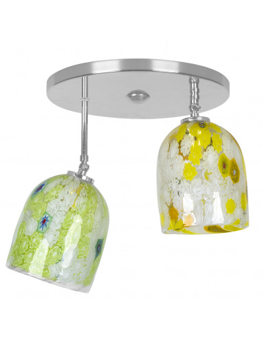 Modern chrome ceiling lamp with two-light colored murrine glass