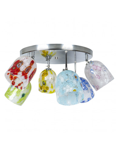 Plafoniera moderna in cromo con vetri murrine colorate sei luci