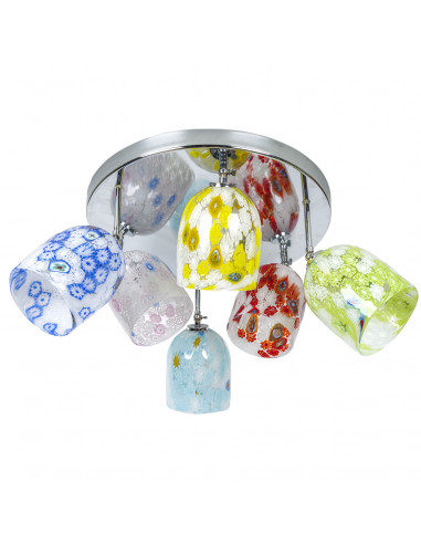 Plafoniera moderna in cromo con vetri murrine colorate sei luci