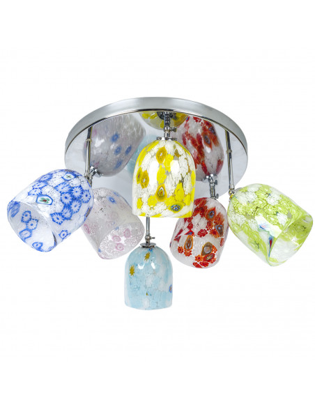 Plafoniera moderna in cromo con vetri murrine colorate sei luci