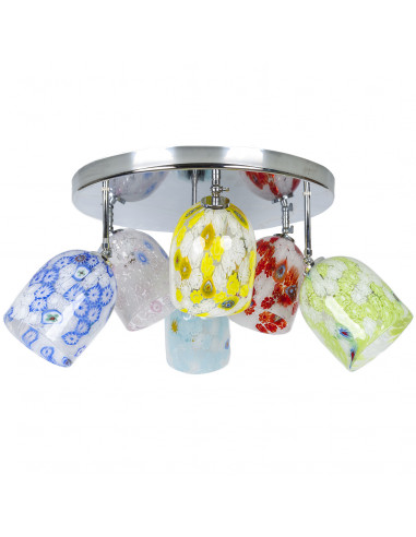 Modern chrome ceiling lamp with six lights colored murrine glass