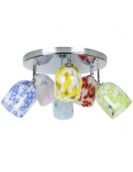 Plafoniera moderna in cromo con vetri murrine colorate sei luci
