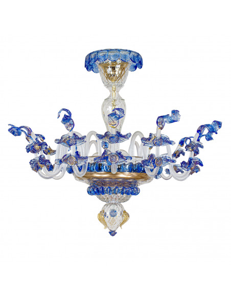 Plafoniera in vetro di murano blu e oro 24k