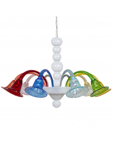 Chandelier en verre Murano blanc avec des tasses colorées modèles fantastiques