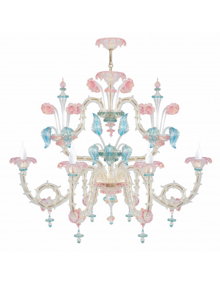 Lampadario Rezzonico in vetro di murano barchetta azzurro oro rosa