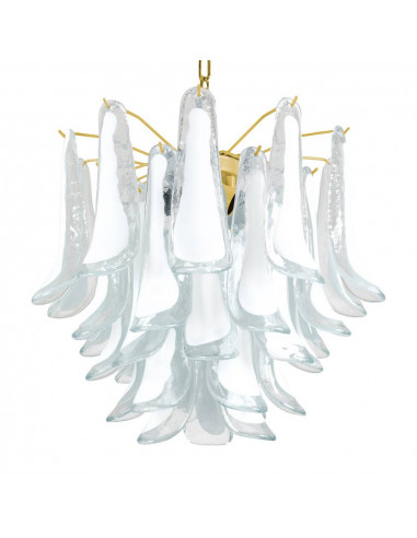 Lampadario vintage murano Dalie con  medio petali con vetro sella, cristallo bianco e struttura oro