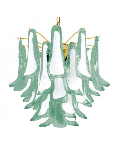 Lampadario vintage murano Dalie con  medio petali con vetro sella, verde bianco e struttura oro