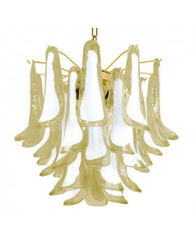 Lampadario vintage murano Dalie con  medio petali con vetro sella, ambra bianco e struttura oro