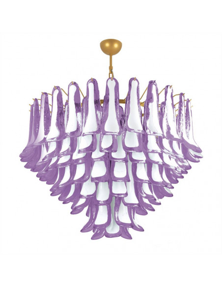 Lampadario vintage murano Dalie con  grande petali con vetro sella, ametista bianco e struttura oro