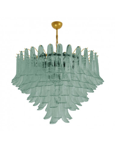 Lampadario vintage murano Dalie con  grande petali con vetro sella, verde e struttura oro