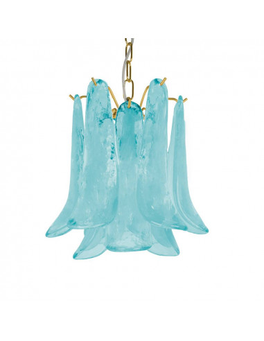 Lampadario vintage murano Dalie con  piccolo petali con vetro sella, azzurro e struttura oro