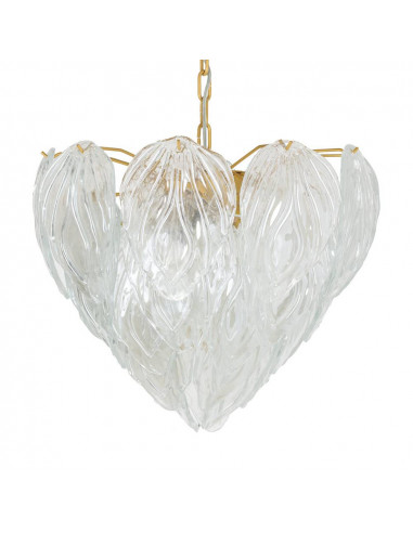 Lampadario vintage murano foglie in vetro modello anthurium, montatura oro