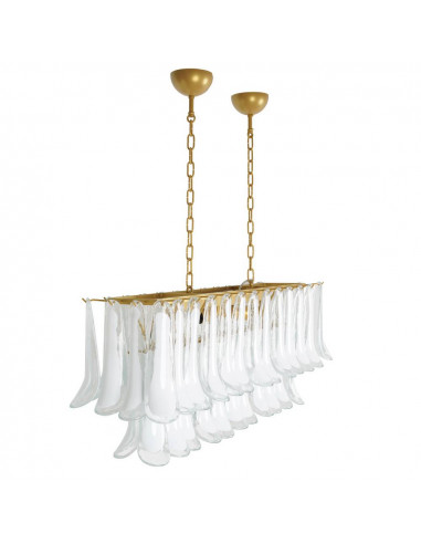 Rectangular island chandelier in Murano glass with white saddle gold frame
