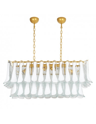 Rectangular island chandelier in Murano glass with white saddle gold frame