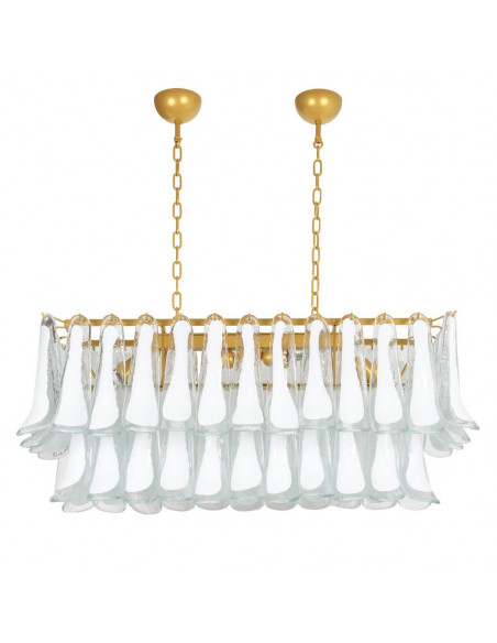 Rectangular island chandelier in Murano glass with white saddle gold frame