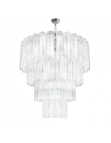 Luxury chandelier in Murano glass, star glass tubes, crystal trunks, multi-level chrome structure