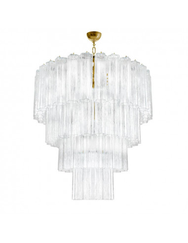 Luxury chandelier in Murano glass, star glass tubes, crystal trunks, multi-level gold structure
