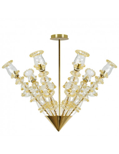 cone-shaped chandelier in metal and Murano glass, classic gold workmanship