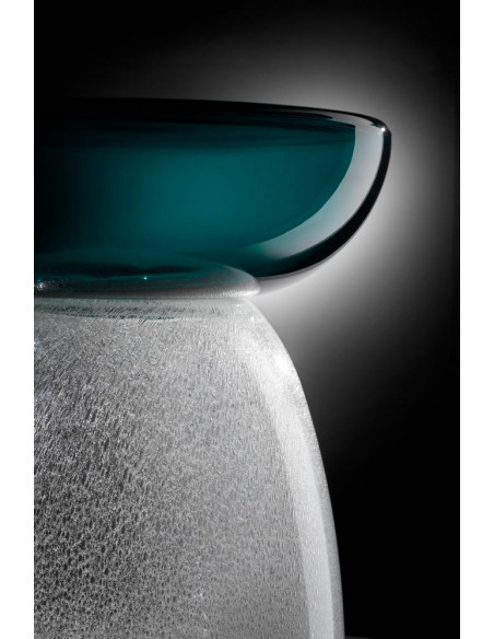 Tavolino da salotto in vetro di murano trasparente e blu pavone, modello grande