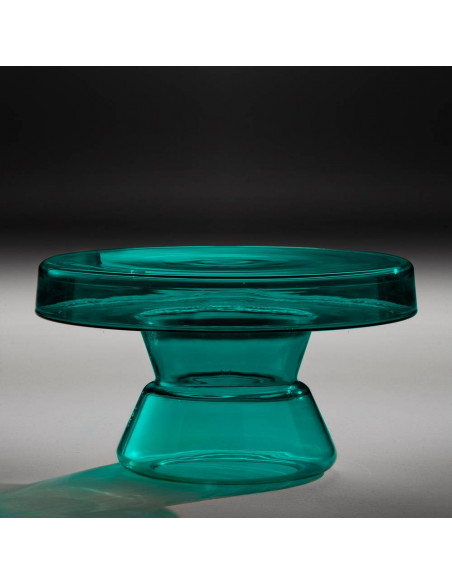 Tavolino da salotto in vetro di murano color blu pavone, modello basso