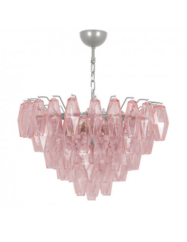 Lampadario in vetro di murano vintage con vetri poliedri in rosa struttura in cromo