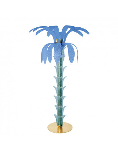 Lampadaire vintage en forme de palmier en verre de Murano, structure en laiton naturel, verre cristal grain bleu