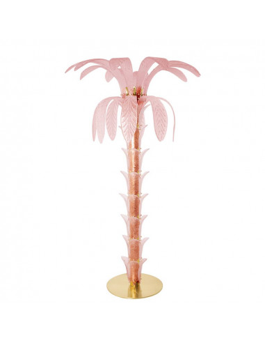 Vintage palm tree-shaped floor lamp in Murano glass, natural brass structure, pink graniglia crystal glass