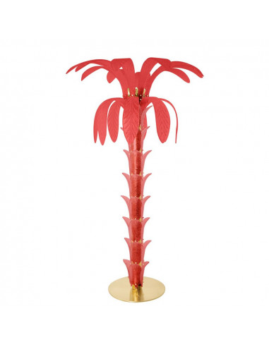 Vintage palm tree-shaped floor lamp in Murano glass, natural brass structure, red graniglia crystal glass