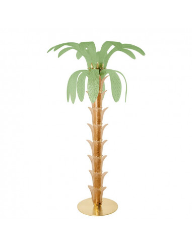Vintage palm tree-shaped floor lamp in Murano glass, natural brass structure, green graniglia crystal glass