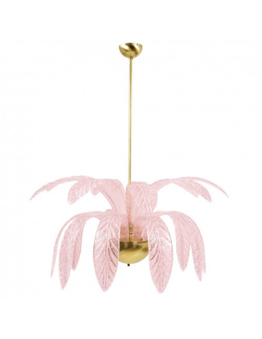 Vintage palm tree-shaped suspension lamp in Murano glass, natural brass structure, grit crystal glass pink