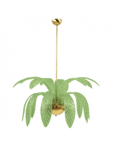 Vintage palm tree-shaped suspension lamp in Murano glass, natural brass structure, grit crystal glass green