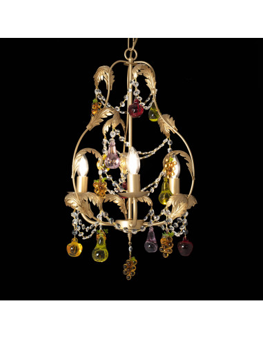 Brass chandelier with colored Murano glass fruit and rhinestones